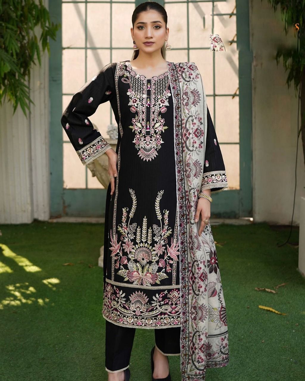 Premium Embroidered Black Cotton Suit with Printed Dupatta & Lace Trouser