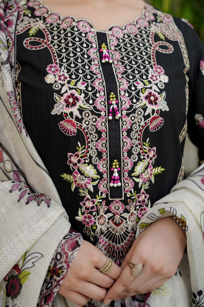 Premium Embroidered Black Cotton Suit with Printed Dupatta & Lace Trouser