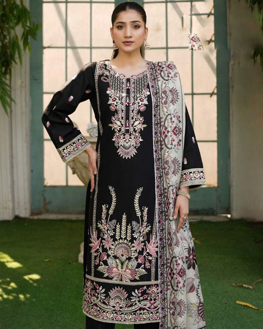 Premium Embroidered Black Cotton Suit with Printed Dupatta & Lace Trouser