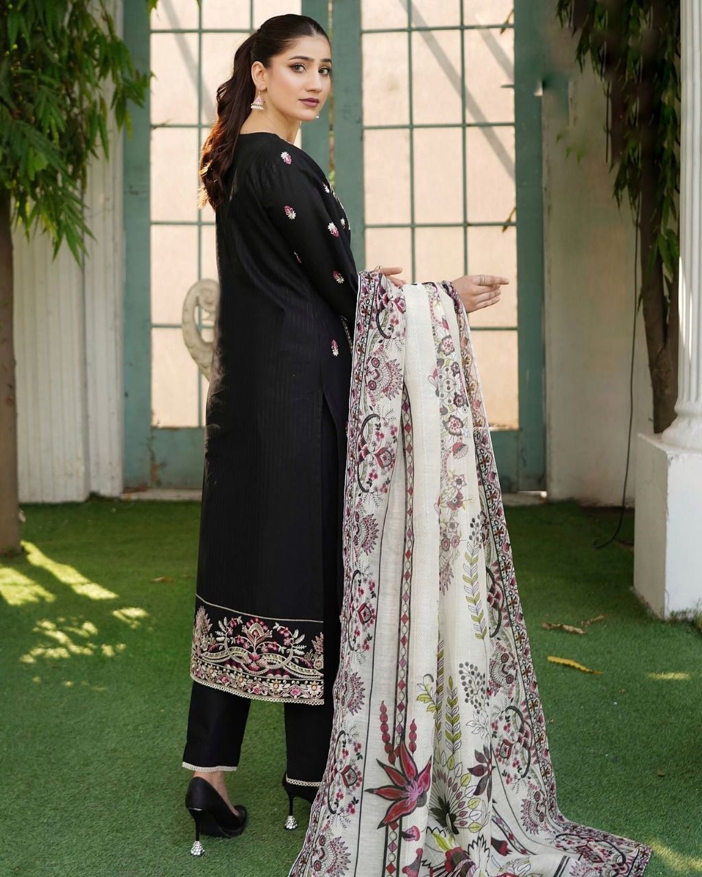 Premium Embroidered Black Cotton Suit with Printed Dupatta & Lace Trouser