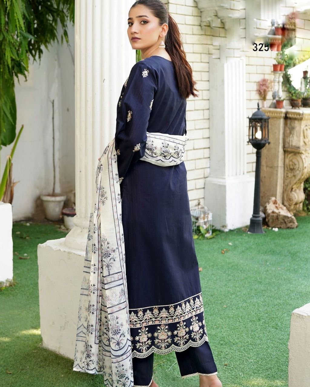 Elegant Embroidered Navy Blue Suit with Soft Manaar Printed dupatta & Loose It Trouser