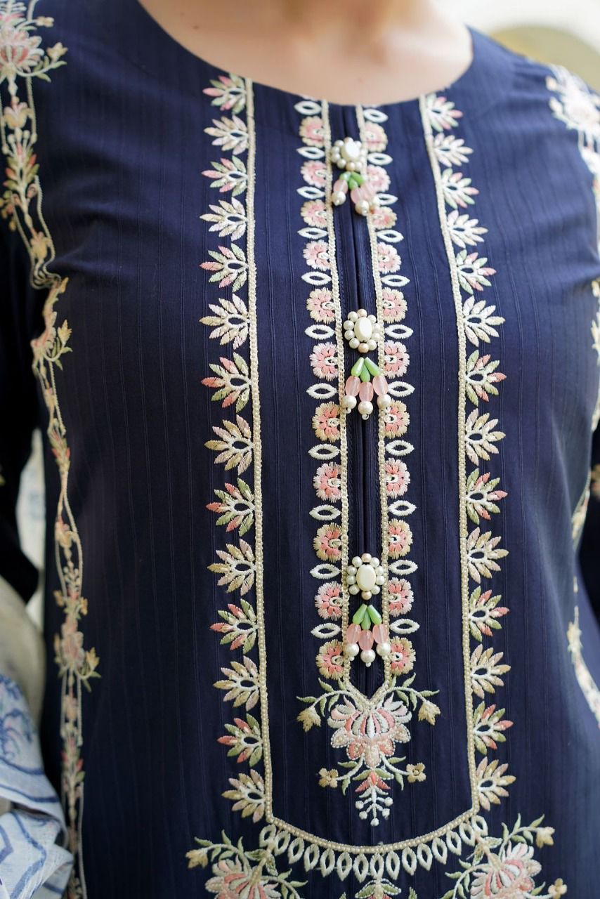 Elegant Embroidered Navy Blue Suit with Soft Manaar Printed dupatta & Loose It Trouser