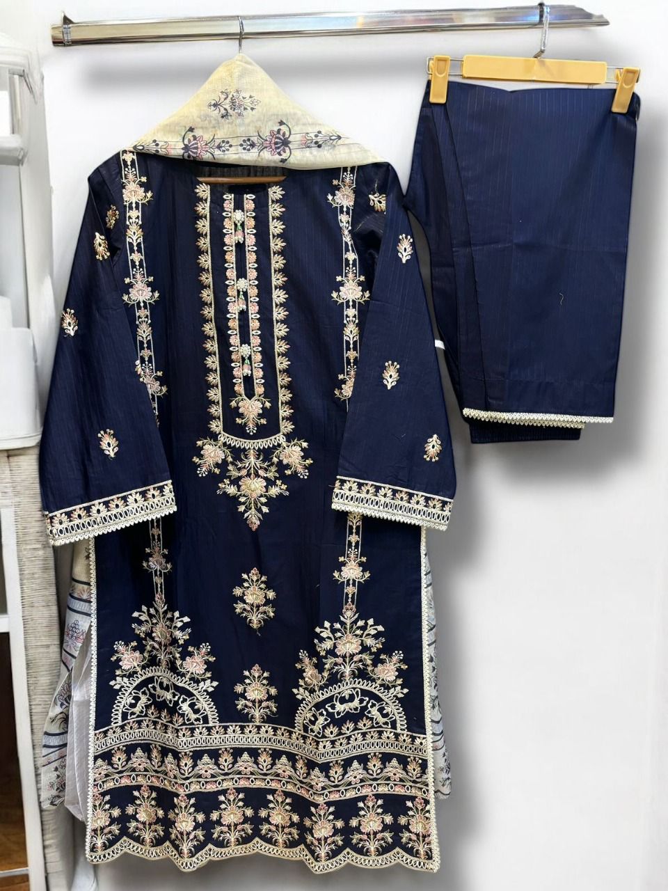 Elegant Embroidered Navy Blue Suit with Soft Manaar Printed dupatta & Loose It Trouser