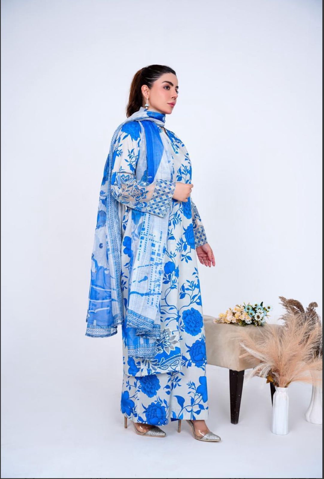 Royal Blue Cambric 3PC Suit & Long Embroidered Shirt with Printed Manaar Dupatta