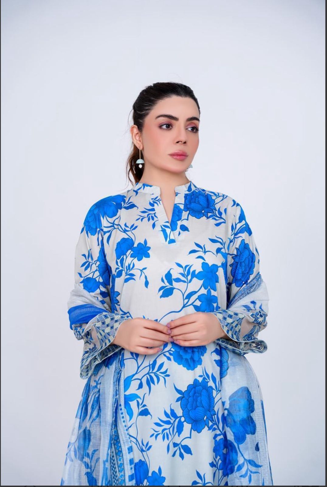 Royal Blue Cambric 3PC Suit & Long Embroidered Shirt with Printed Manaar Dupatta