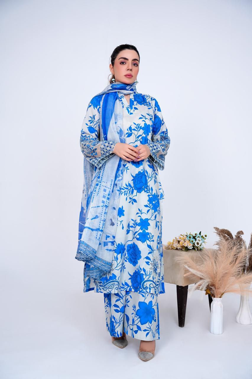 Royal Blue Cambric 3PC Suit & Long Embroidered Shirt with Printed Manaar Dupatta