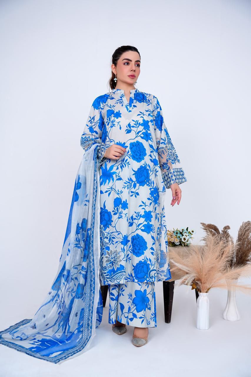 Royal Blue Cambric 3PC Suit & Long Embroidered Shirt with Printed Manaar Dupatta
