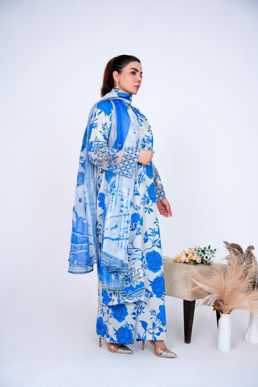 Royal Blue Cambric 3PC Suit & Long Embroidered Shirt with Printed Manaar Dupatta