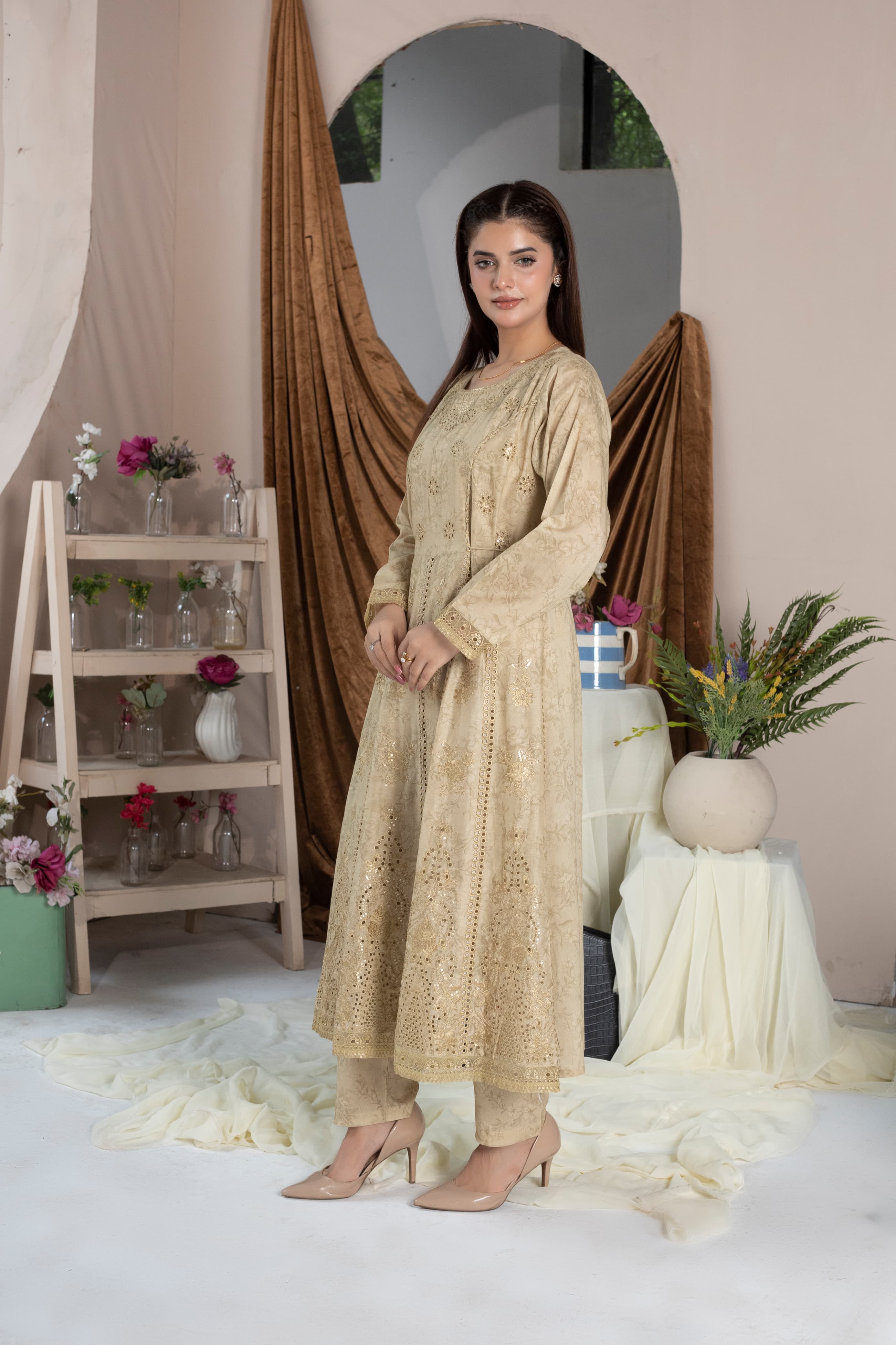 Embroidered Cotton Lawn 3PC & Golden Long Frock Style with Printed Manaar Dupatta
