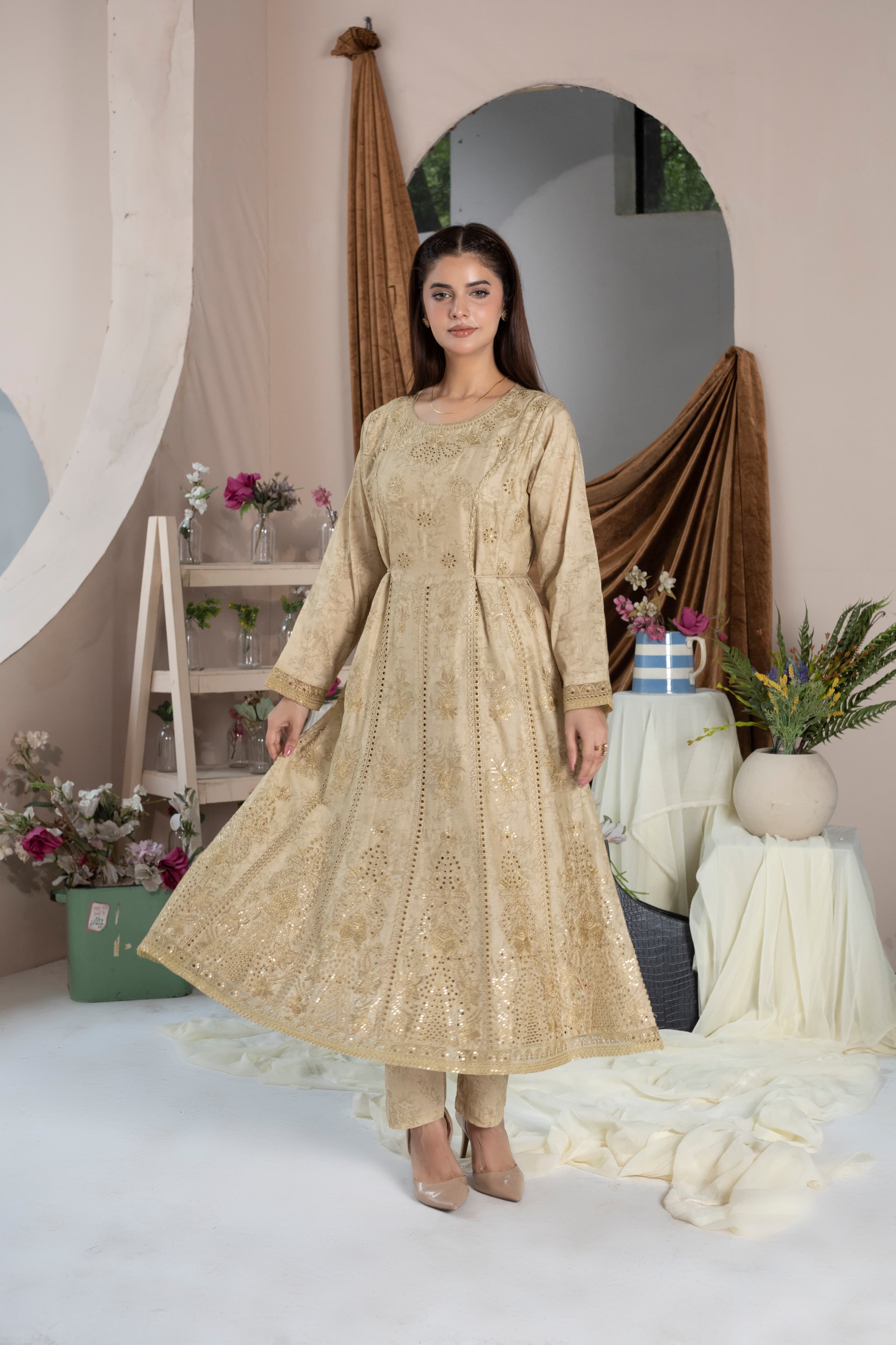 Embroidered Cotton Lawn 3PC & Golden Long Frock Style with Printed Manaar Dupatta