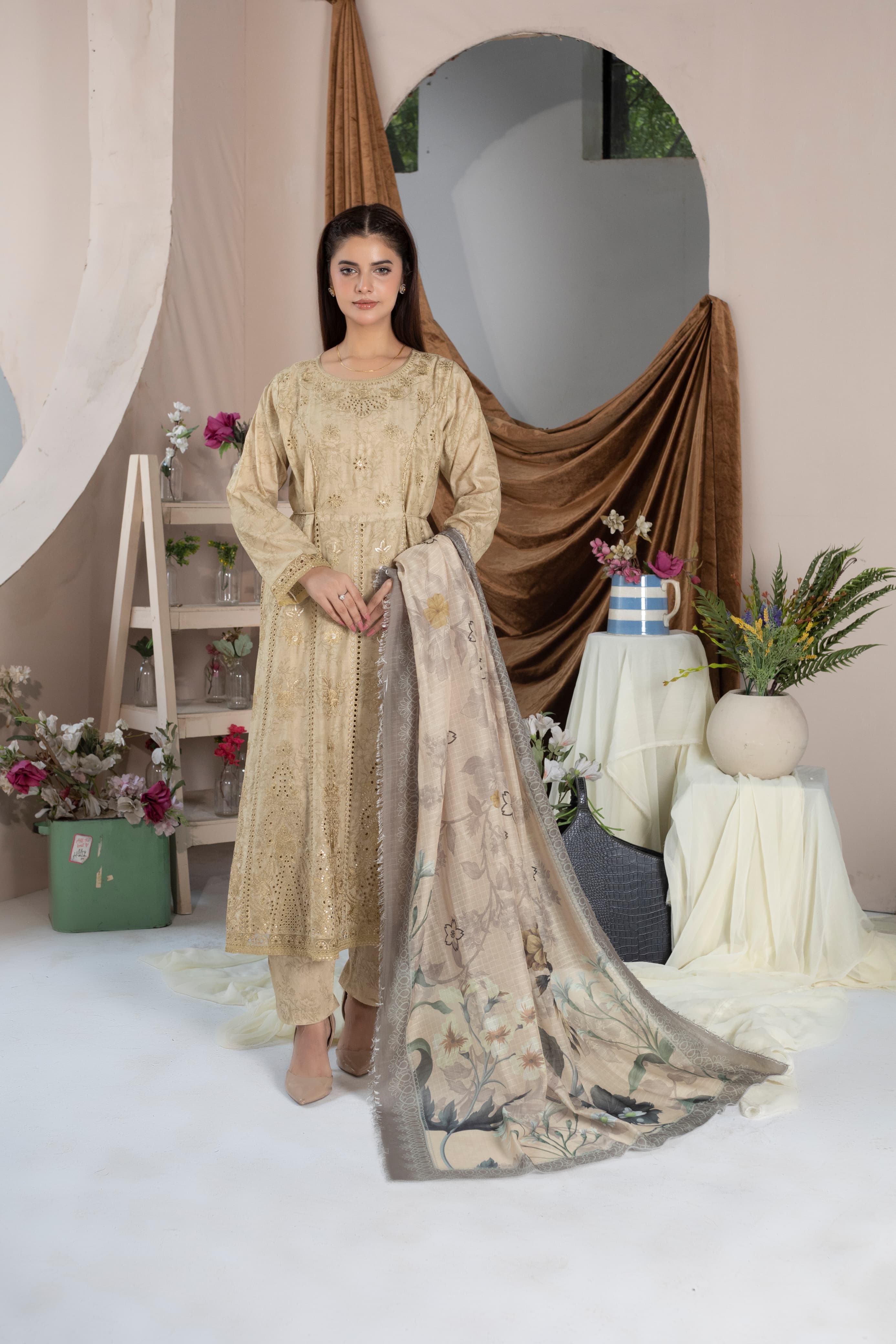 Embroidered Cotton Lawn 3PC & Golden Long Frock Style with Printed Manaar Dupatta
