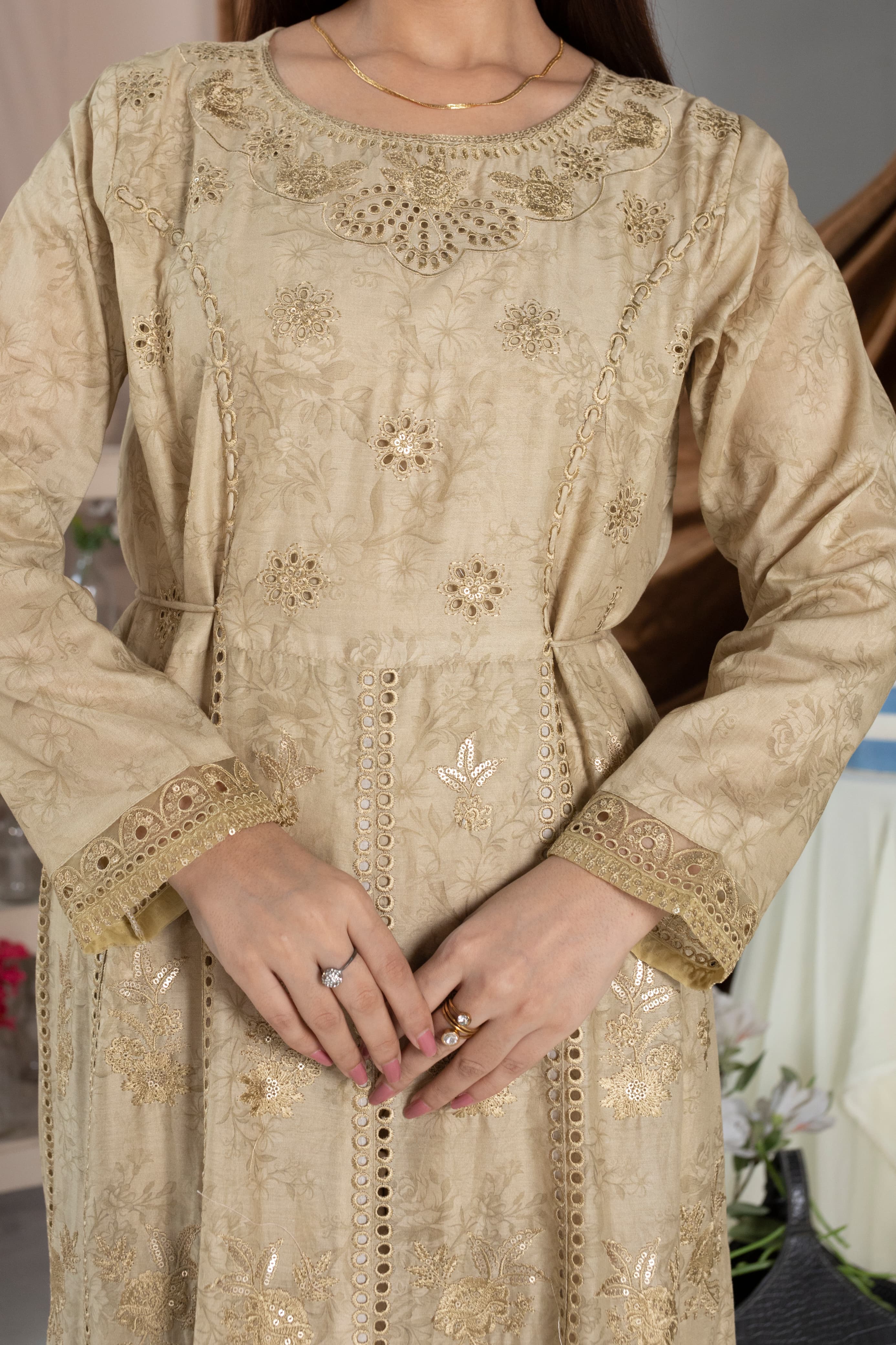 Embroidered Cotton Lawn 3PC & Golden Long Frock Style with Printed Manaar Dupatta