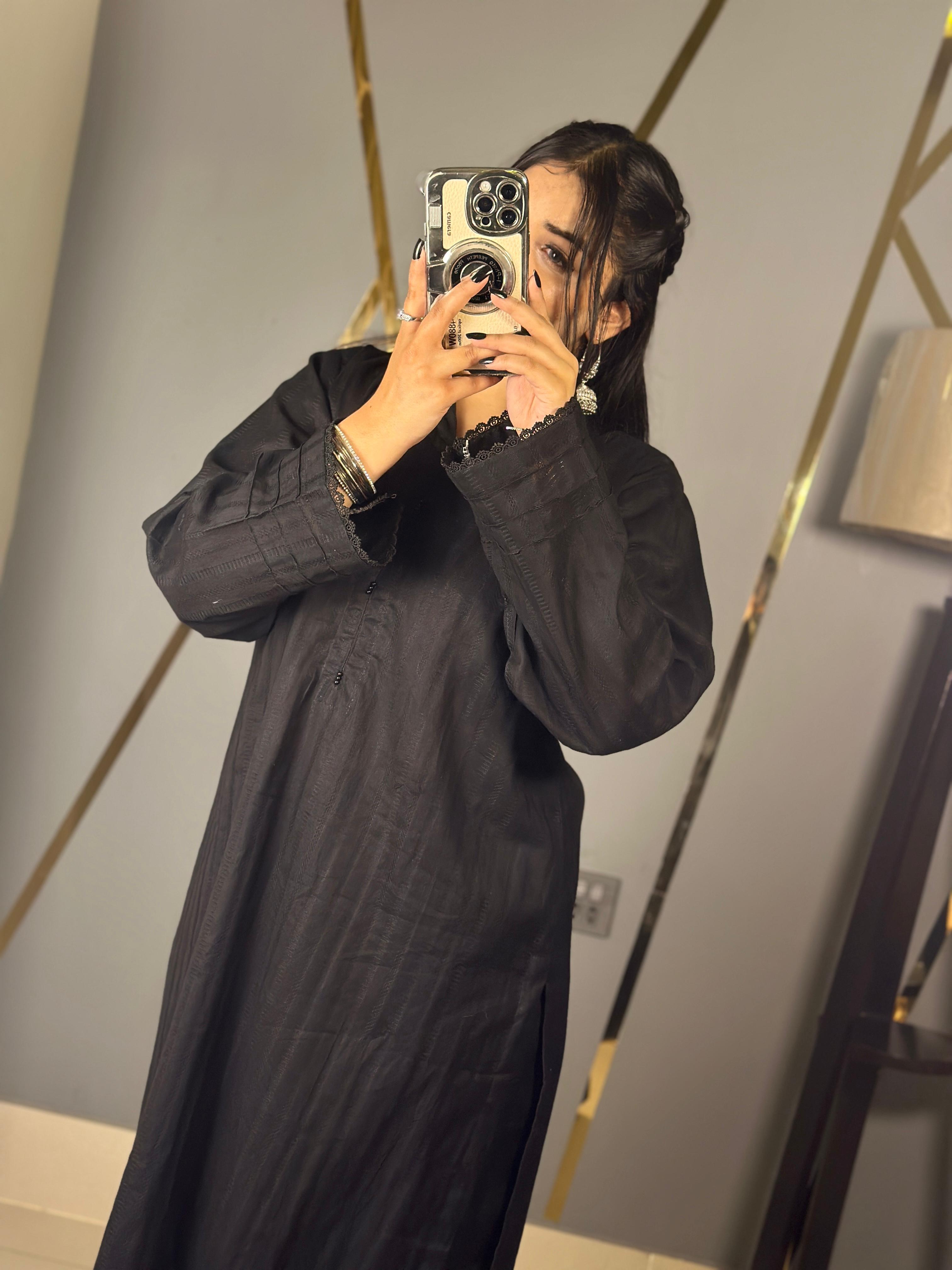 Black Self Cambric CoOrd Set Long Shirt & Laces Work on Sleeve, neck with Loose Palazzo