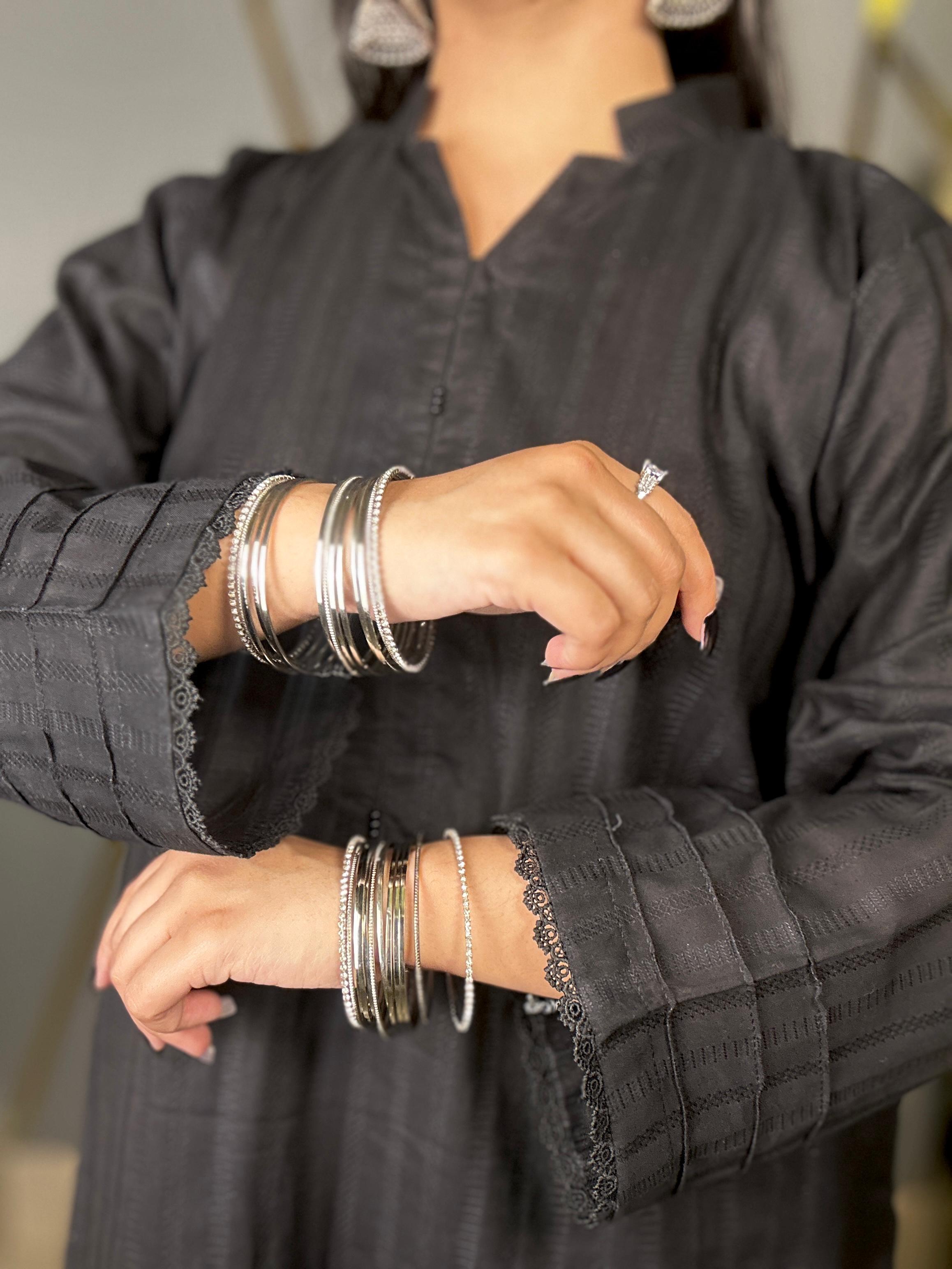 Black Self Cambric CoOrd Set Long Shirt & Laces Work on Sleeve, neck with Loose Palazzo