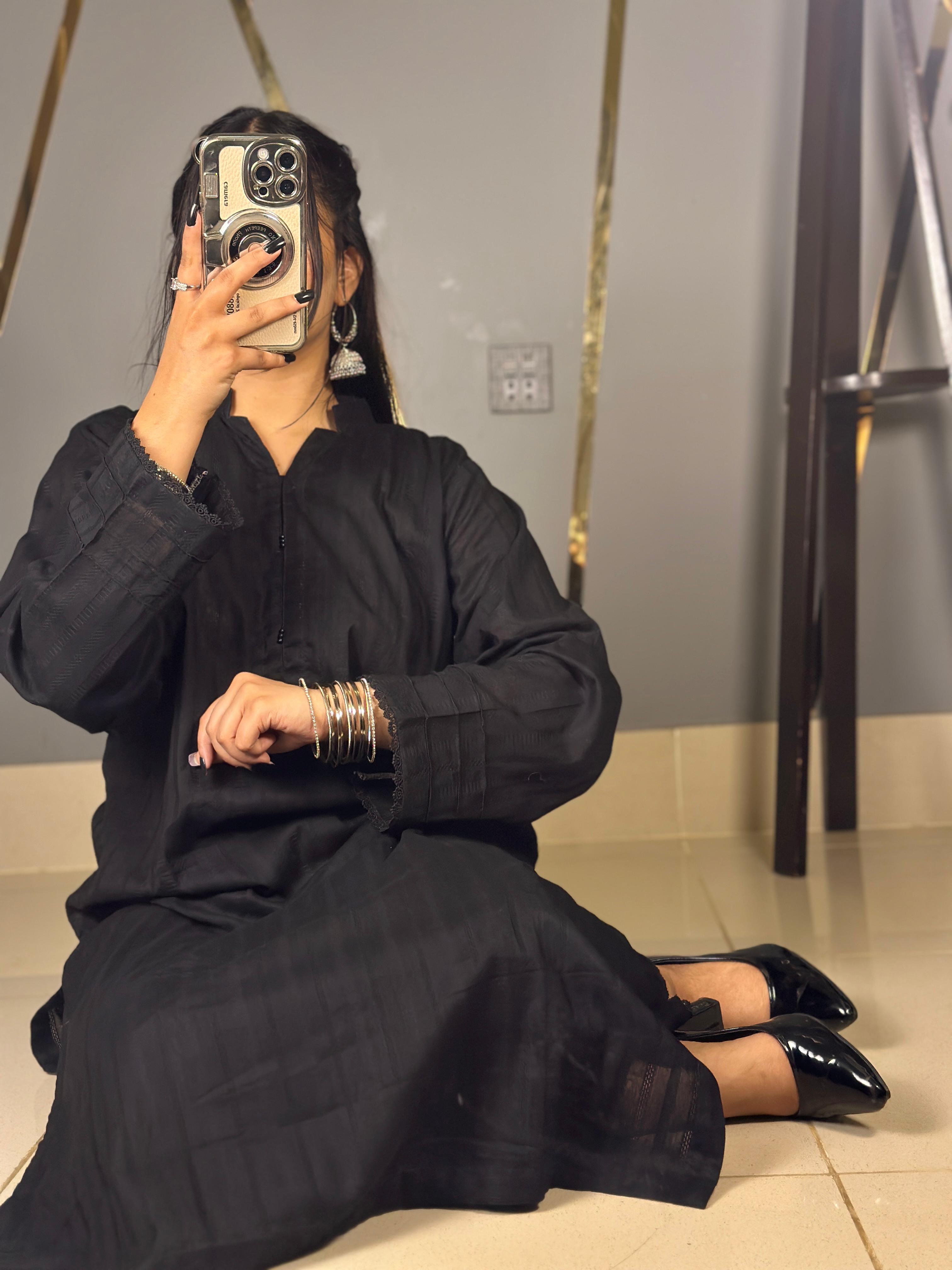 Black Self Cambric CoOrd Set Long Shirt & Laces Work on Sleeve, neck with Loose Palazzo