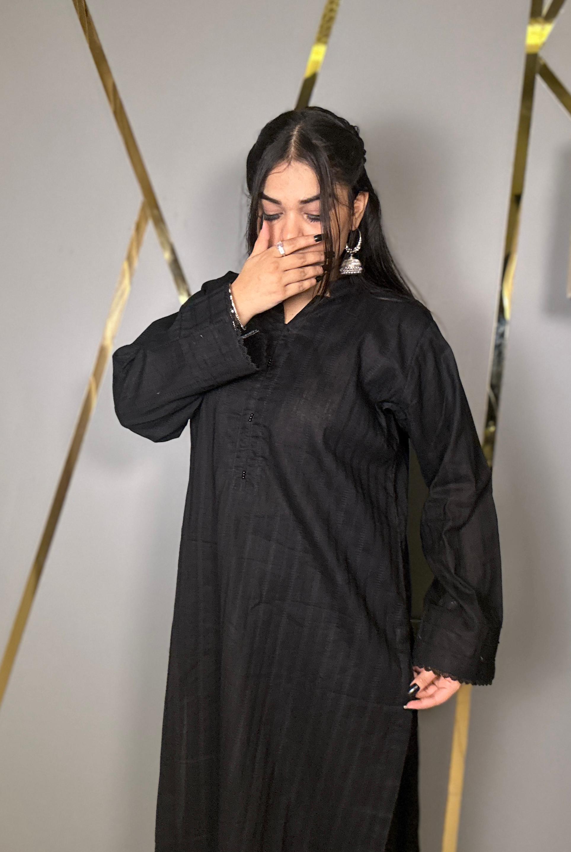 Black Self Cambric CoOrd Set Long Shirt & Laces Work on Sleeve, neck with Loose Palazzo