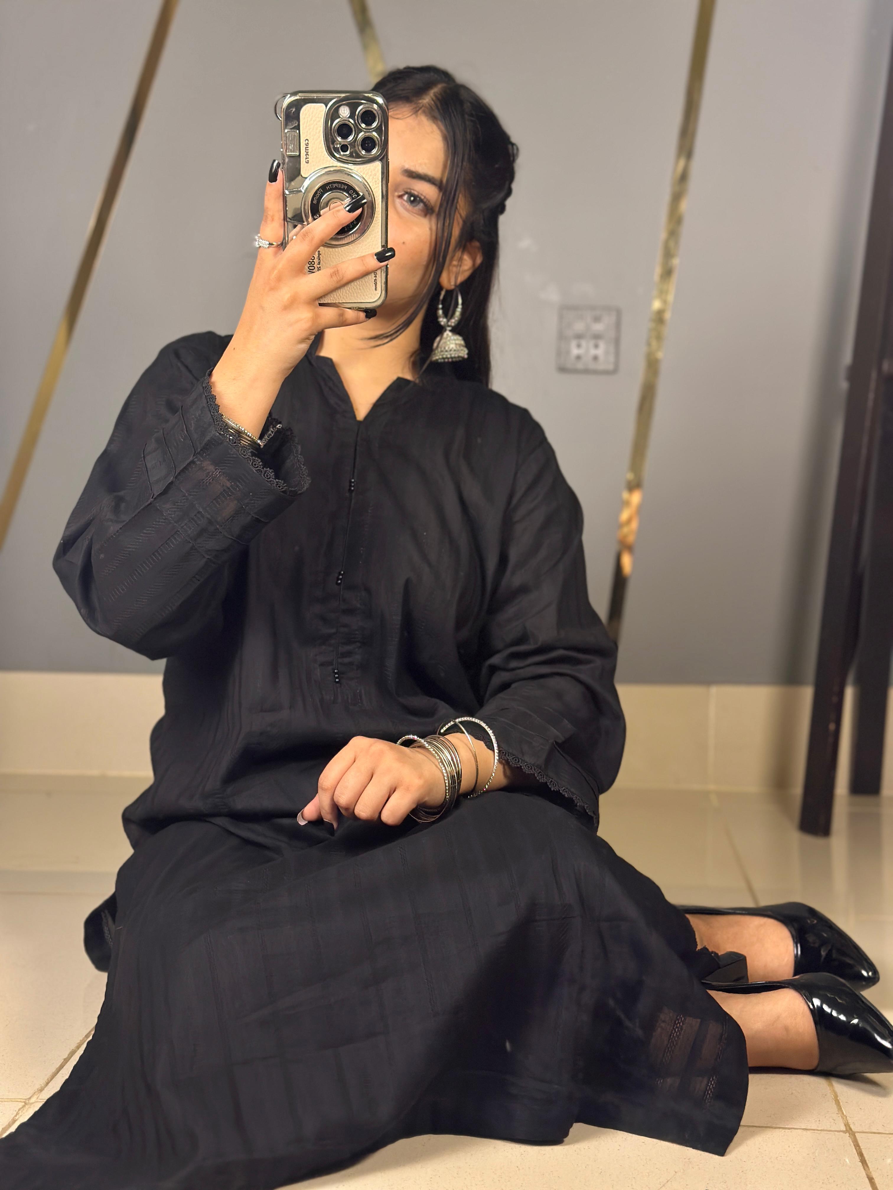 Black Self Cambric CoOrd Set Long Shirt & Laces Work on Sleeve, neck with Loose Palazzo