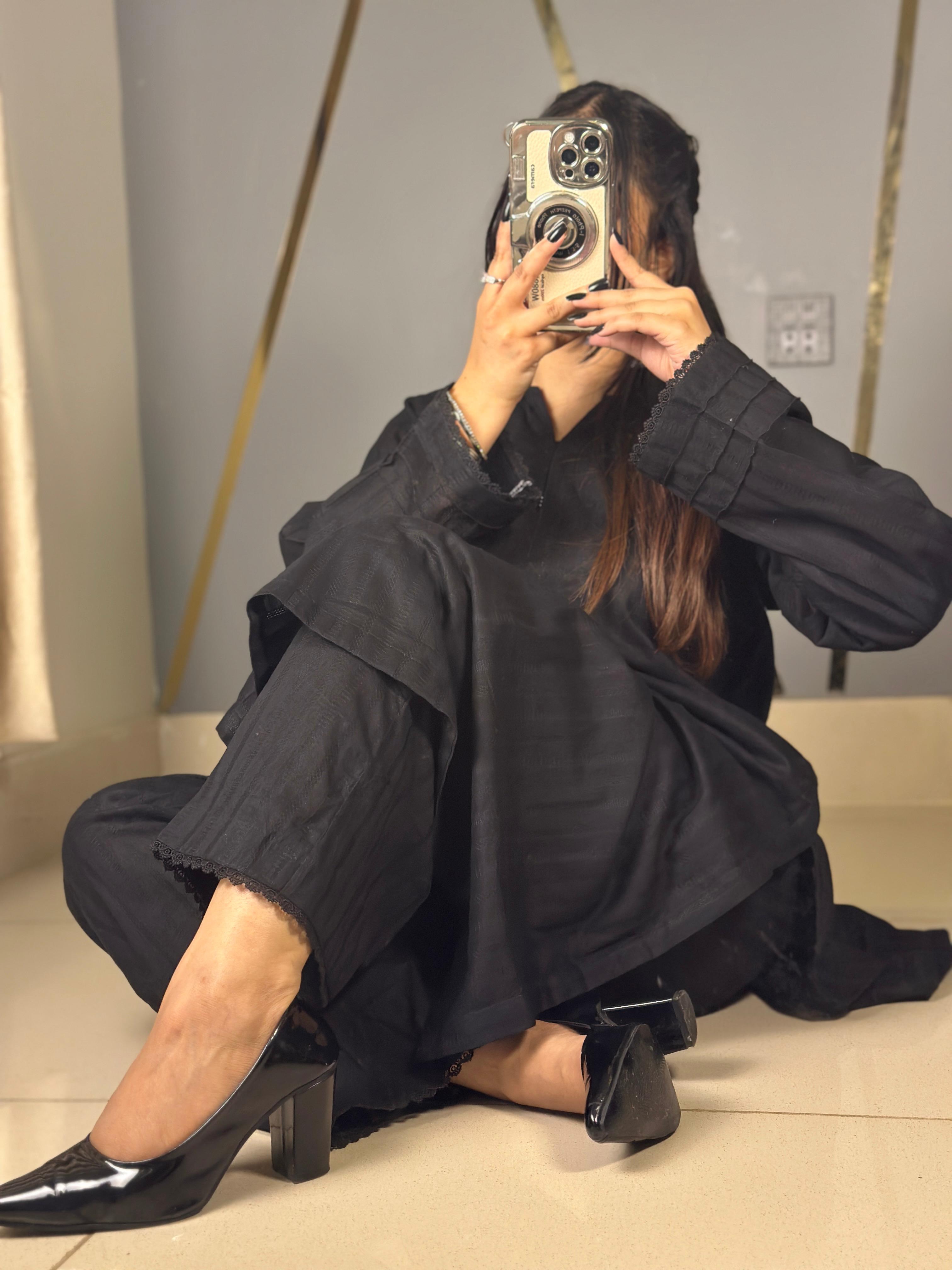 Black Self Cambric CoOrd Set Long Shirt & Laces Work on Sleeve, neck with Loose Palazzo