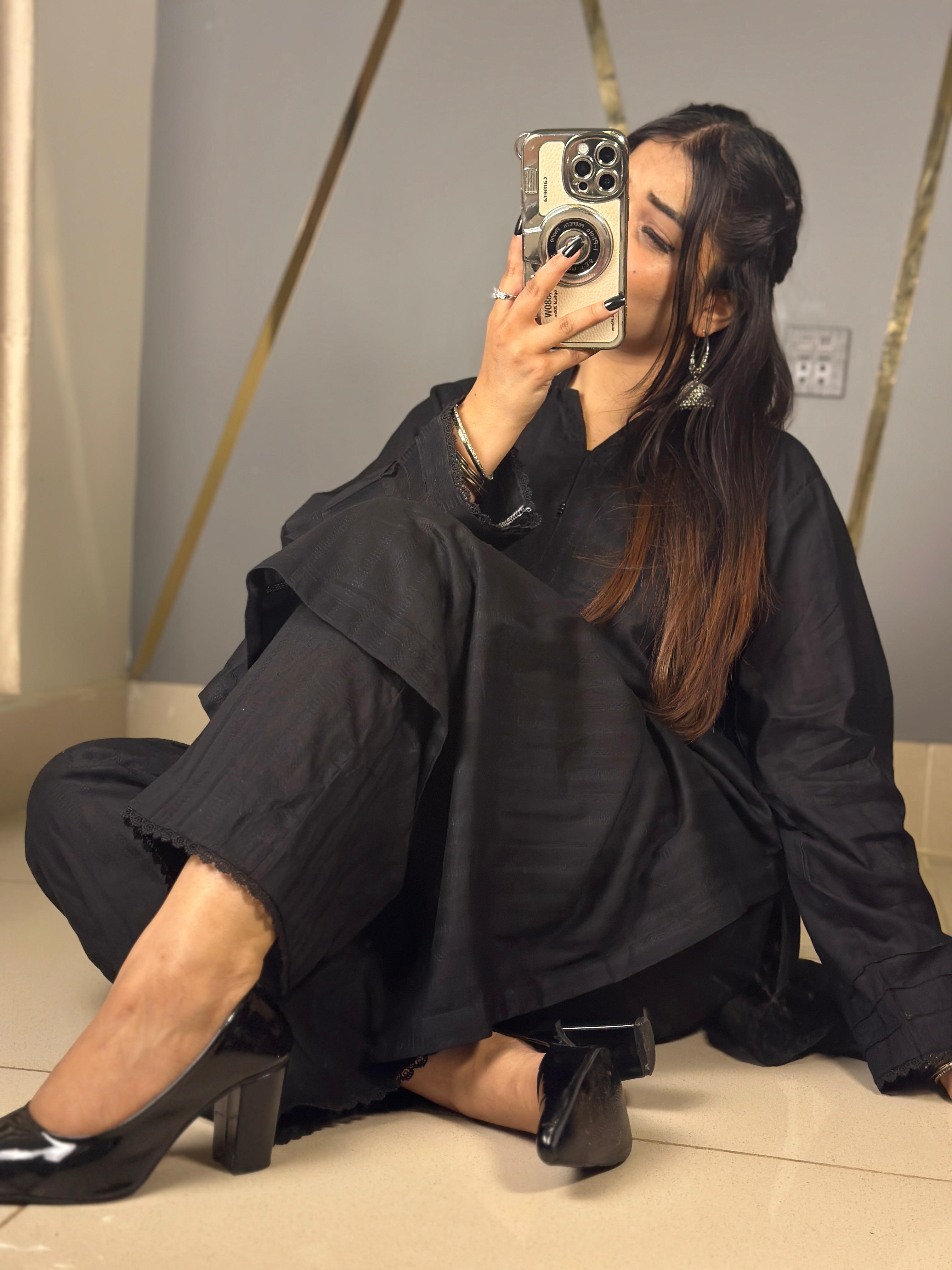 Black Self Cambric CoOrd Set Long Shirt & Laces Work on Sleeve, neck with Loose Palazzo