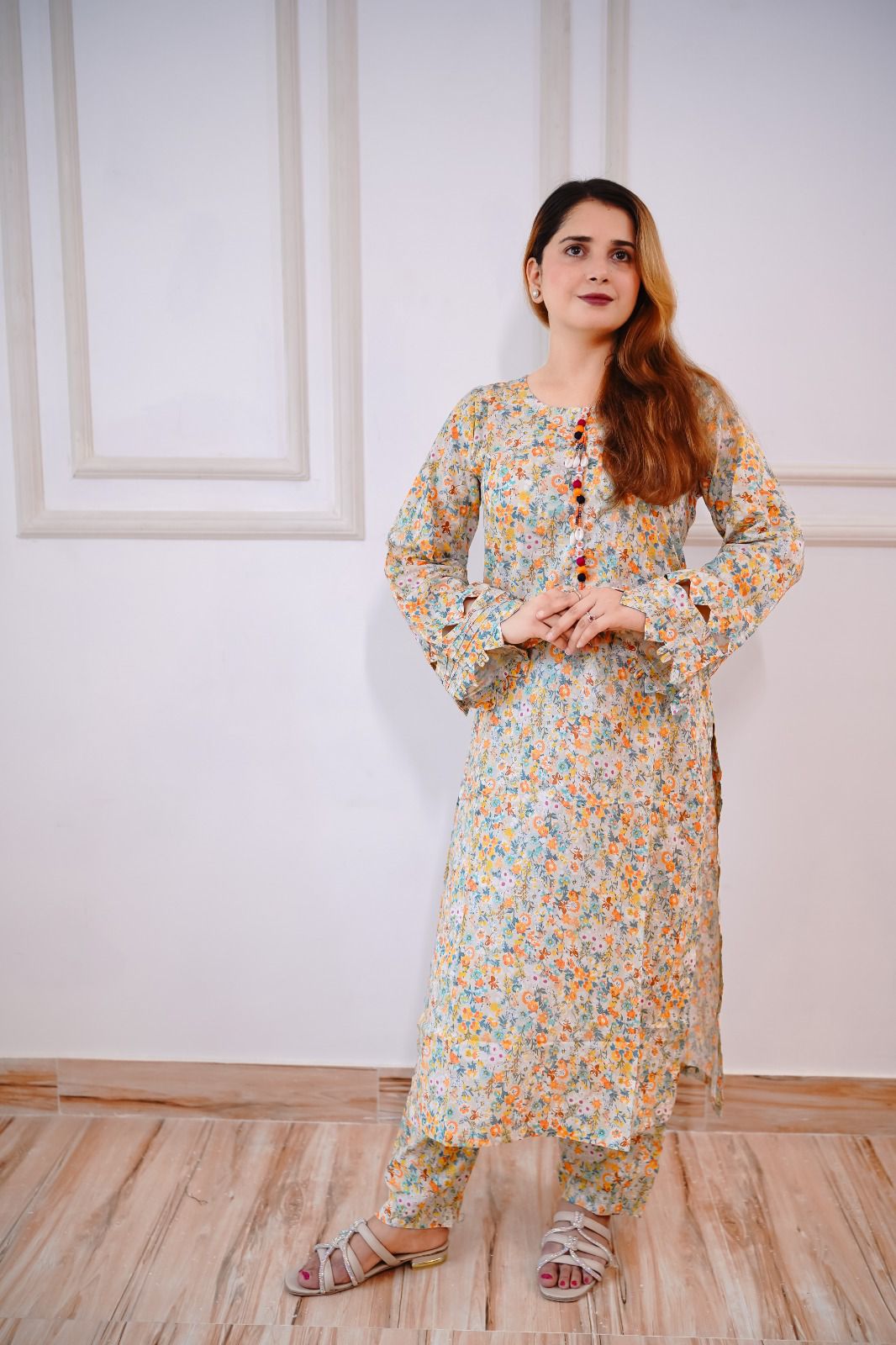 Floral Lawn 2Pc with Multi Color Printed Straight Cut Long Shirt & Trouser - Silk Rang