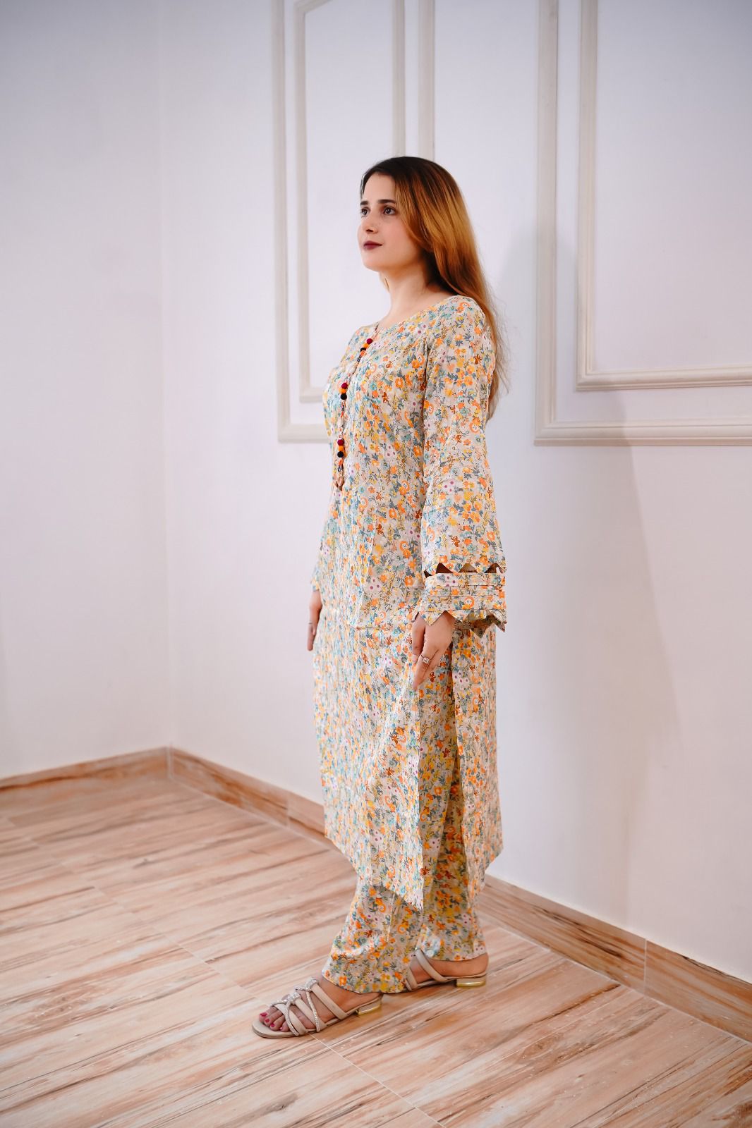 Floral Lawn 2Pc with Multi Color Printed Straight Cut Long Shirt & Trouser - Silk Rang