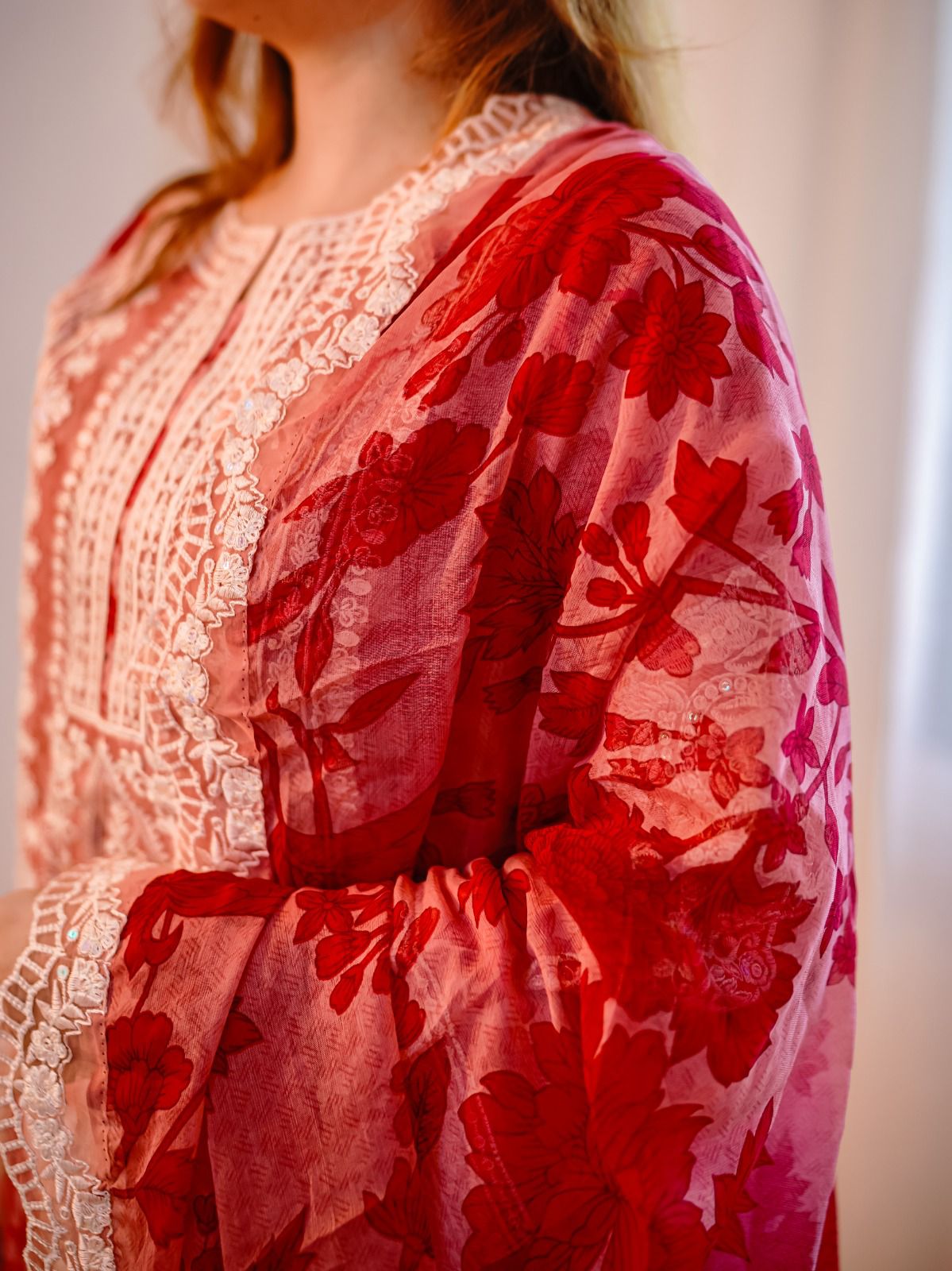 Luxury Red Embroidered Lawn 3Pc with Short Shirt, Farshi Shalwar & Chiffon Dupatta - Silk Rang