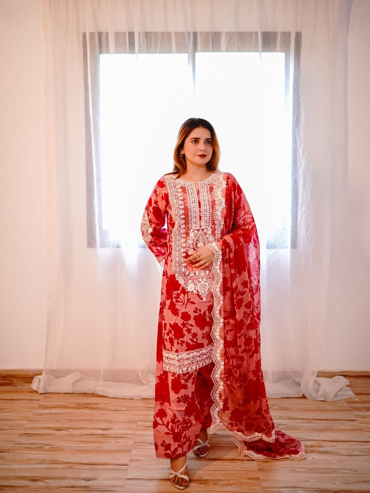 Luxury Red Embroidered Lawn 3Pc with Short Shirt, Farshi Shalwar & Chiffon Dupatta - Silk Rang