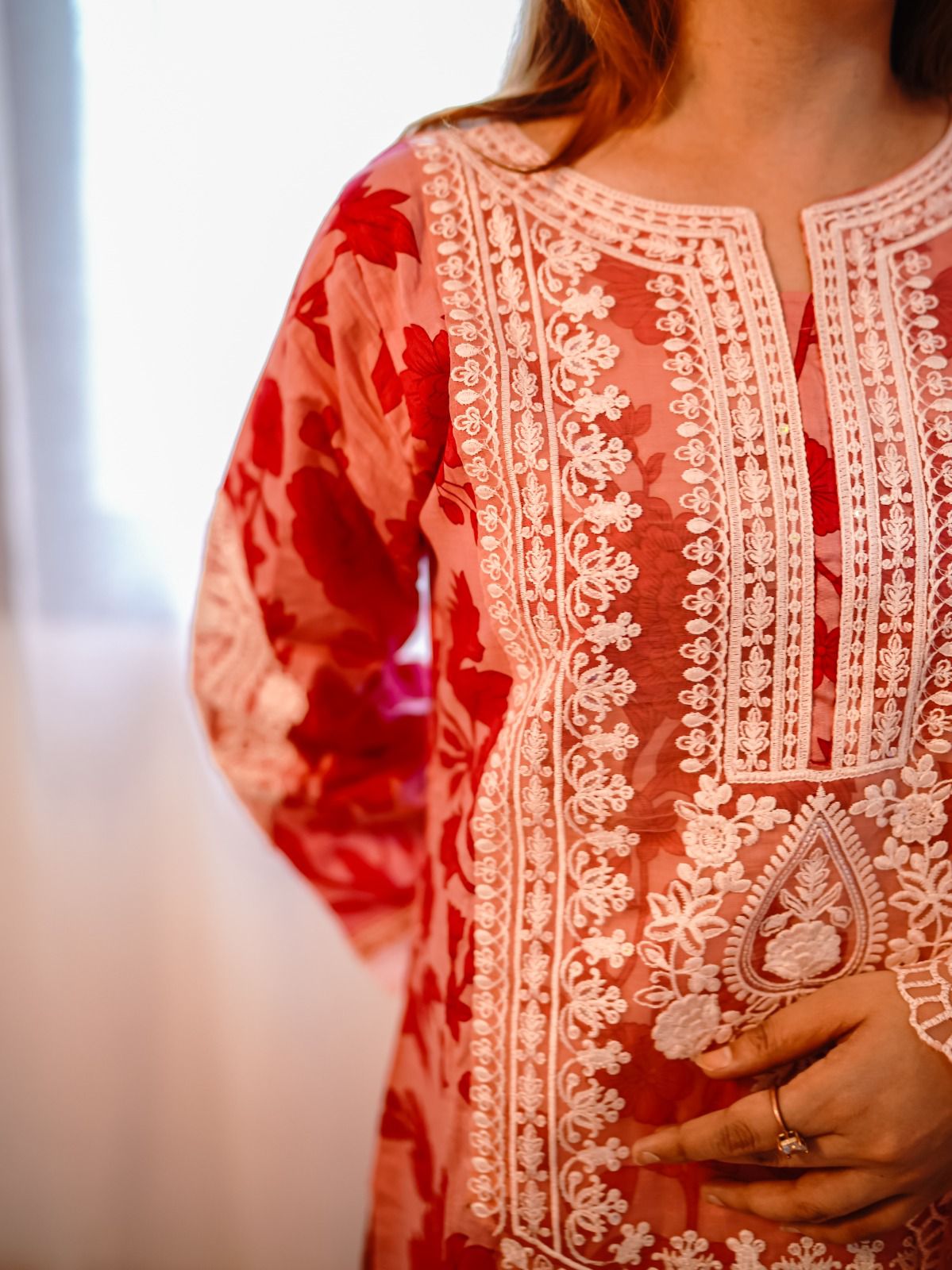 Luxury Red Embroidered Lawn 3Pc with Short Shirt, Farshi Shalwar & Chiffon Dupatta - Silk Rang