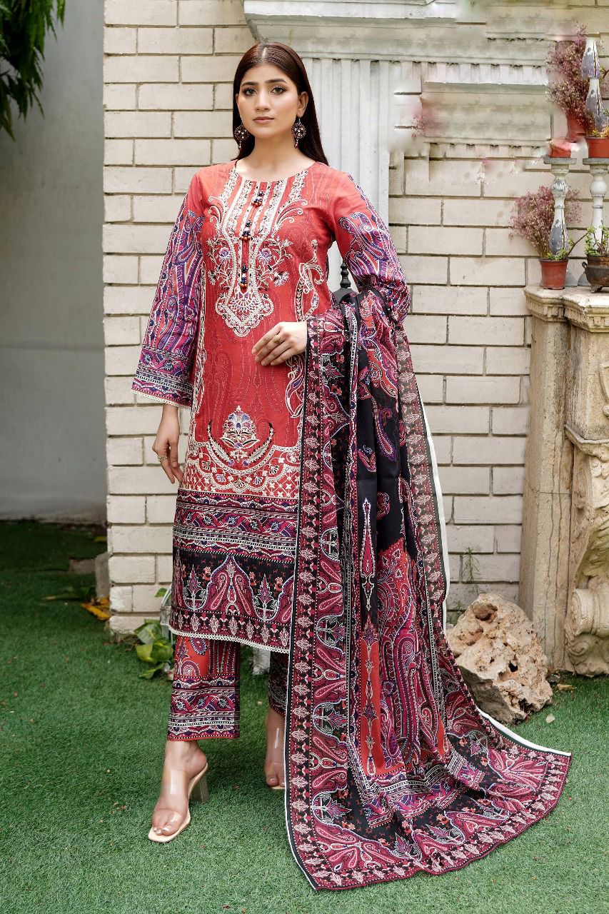 Brown Embroidered Lawn 3Pc Suit with Soft Trouser & Digital Print Dupatta - Silk Rang