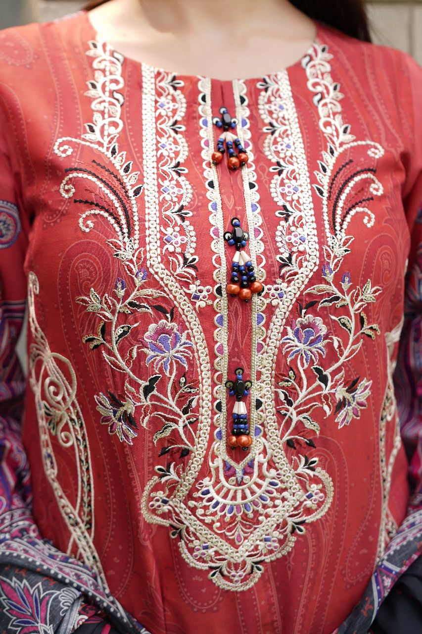 Brown Embroidered Lawn 3Pc Suit with Soft Trouser & Digital Print Dupatta - Silk Rang