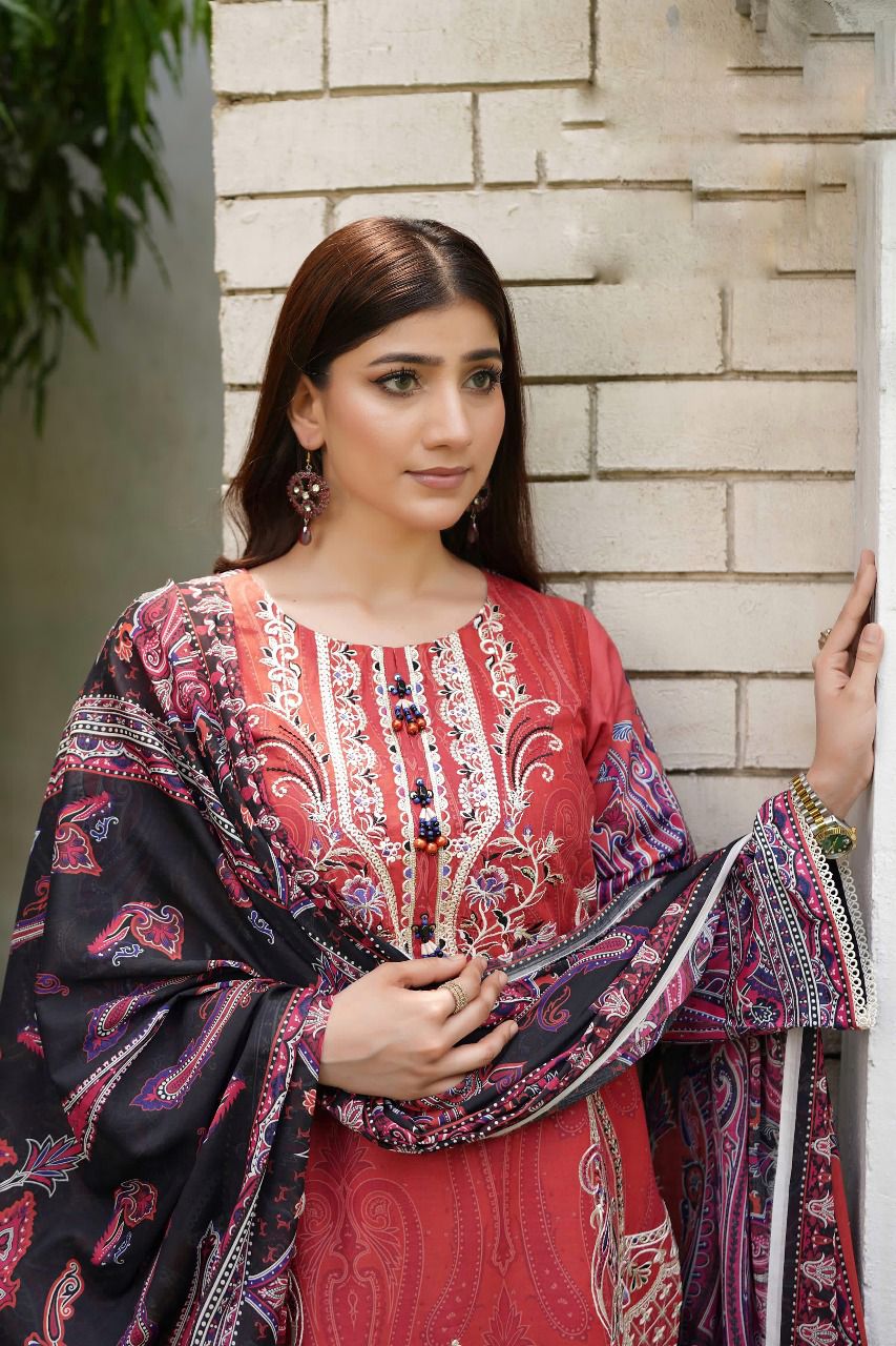 Brown Embroidered Lawn 3Pc Suit with Soft Trouser & Digital Print Dupatta - Silk Rang