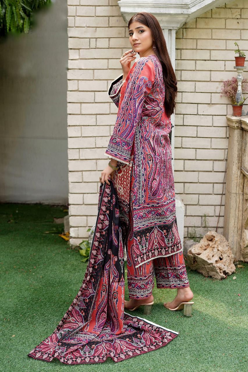 Brown Embroidered Lawn 3Pc Suit with Soft Trouser & Digital Print Dupatta - Silk Rang