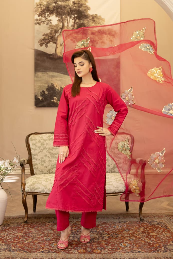 Raspberry Pink Khaddar 3Pc Suit & Elegant Lace Detailing, Trouser with Organza Dupatta - Silk Rang