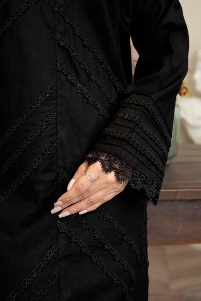 Designer Black 3Pc Khaddar Dress with Lace Work Shirt, Trousers & Organza Dupatta - Silk Rang