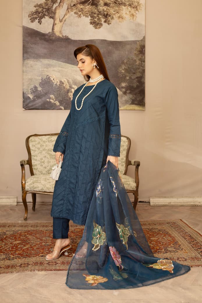 Teal Blue Khaddar 3Pc Suit & Elegant Lace Detailing, Trouser with Organza Dupatta - Silk Rang