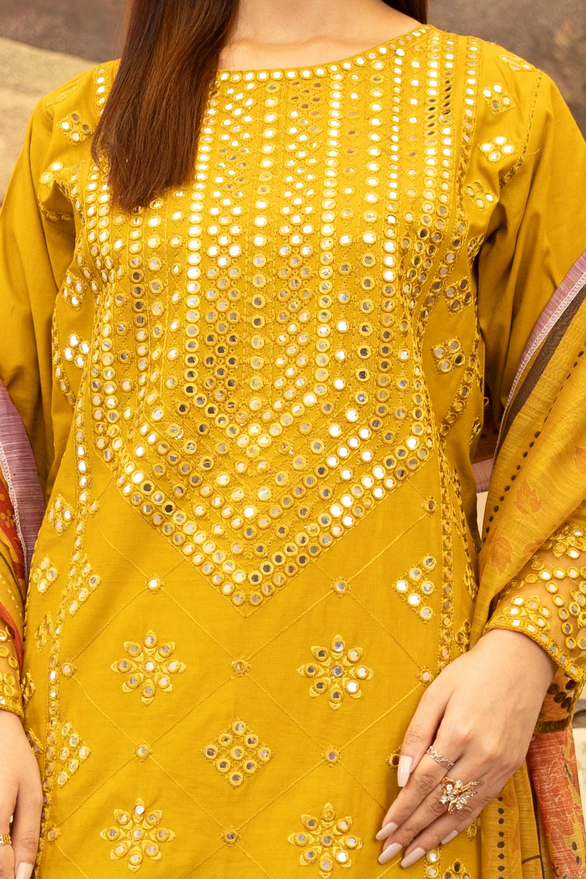 Mustard Yellow Embroidered Khaddar 3Pc Suit with Sitara Work & Printed Dupatta - Silk Rang