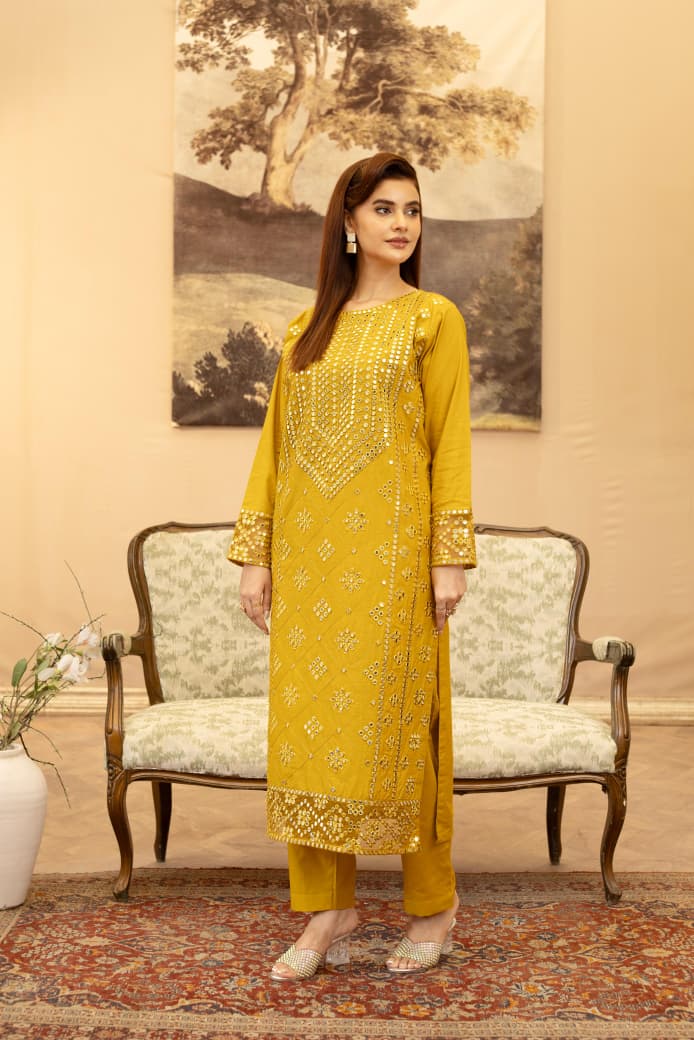 Mustard Yellow Embroidered Khaddar 3Pc Suit with Sitara Work & Printed Dupatta - Silk Rang