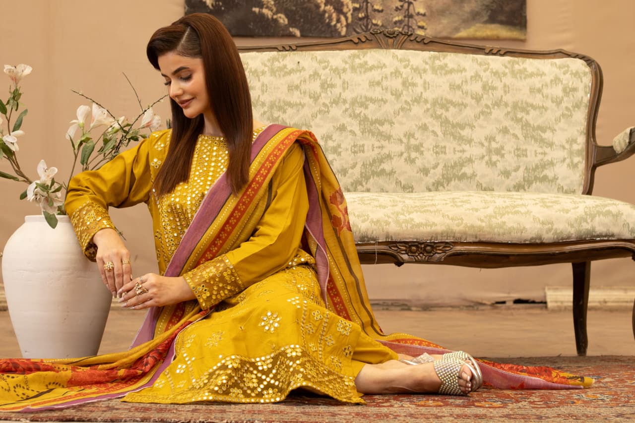 Mustard Yellow Embroidered Khaddar 3Pc Suit with Sitara Work & Printed Dupatta - Silk Rang