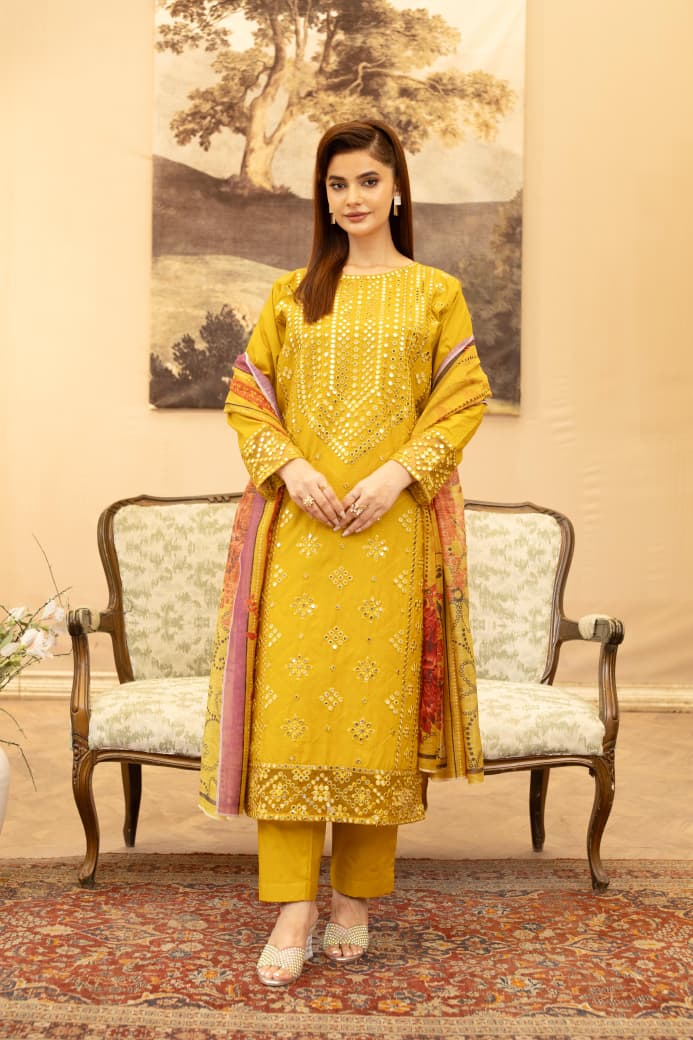 Mustard Yellow Embroidered Khaddar 3Pc Suit with Sitara Work & Printed Dupatta - Silk Rang