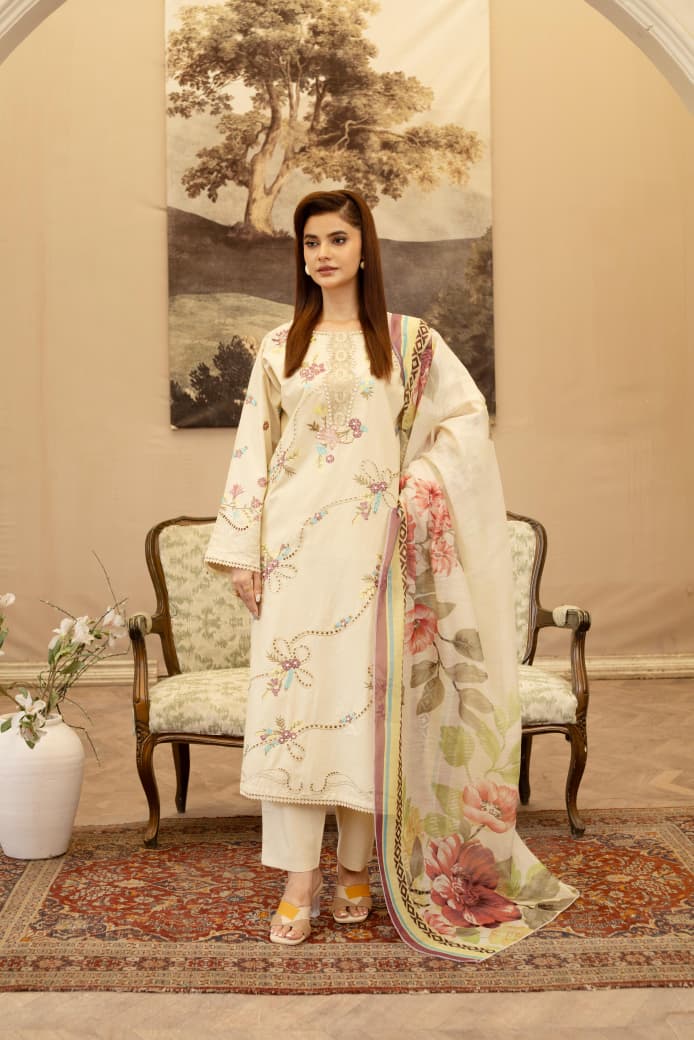 Beige Khaddar Chikankari Embroidered 3Pc Suit with Matching Trouser & Printed Dupatta - Silk Rang