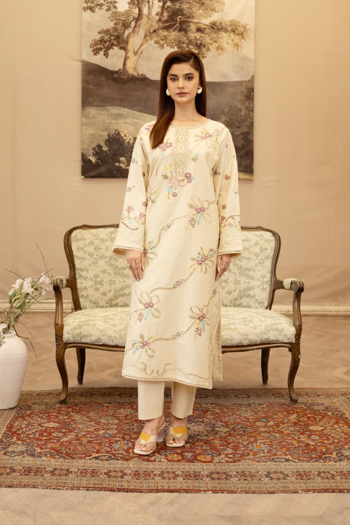 Beige Khaddar Chikankari Embroidered 3Pc Suit with Matching Trouser & Printed Dupatta - Silk Rang