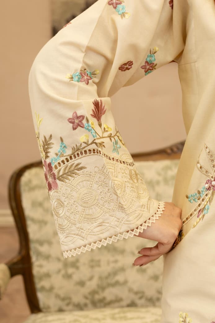 Beige Khaddar Chikankari Embroidered 3Pc Suit with Matching Trouser & Printed Dupatta - Silk Rang
