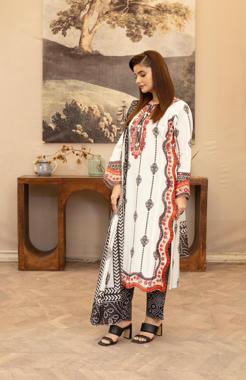 White Khaddar 3Pc Suit with Embroidered Neckline, Loose Fit Trouser & Printed Dupatta - Silk Rang