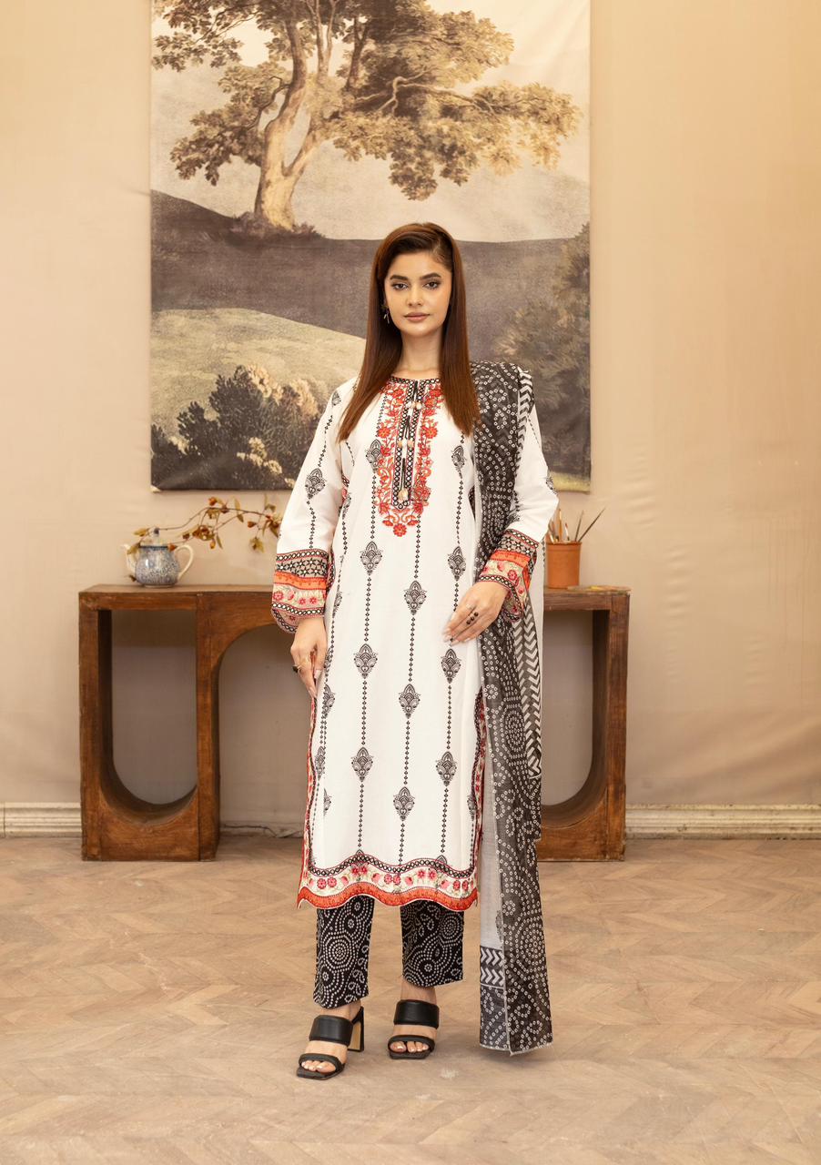 White Khaddar 3Pc Suit with Embroidered Neckline, Loose Fit Trouser & Printed Dupatta - Silk Rang