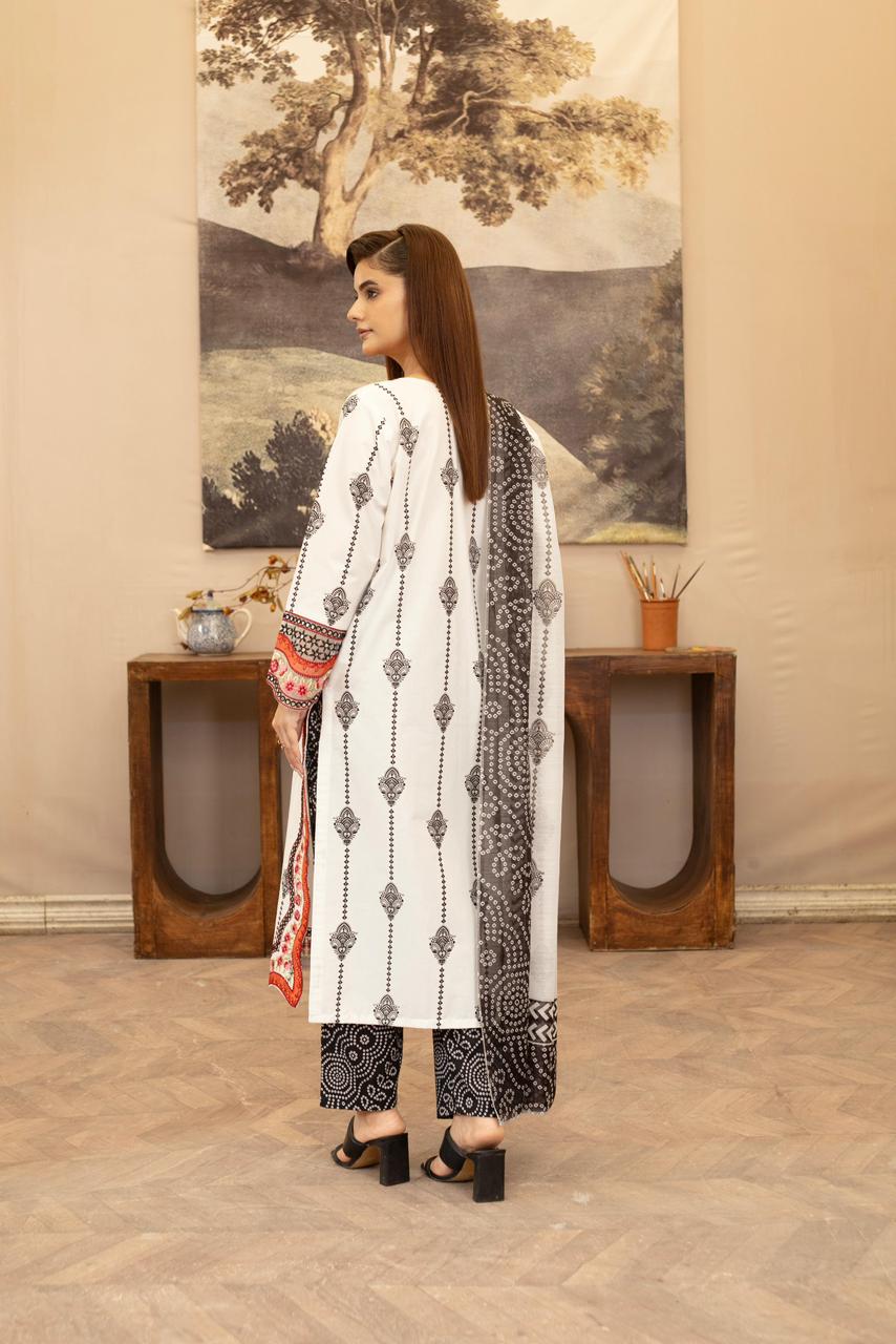 White Khaddar 3Pc Suit with Embroidered Neckline, Loose Fit Trouser & Printed Dupatta - Silk Rang
