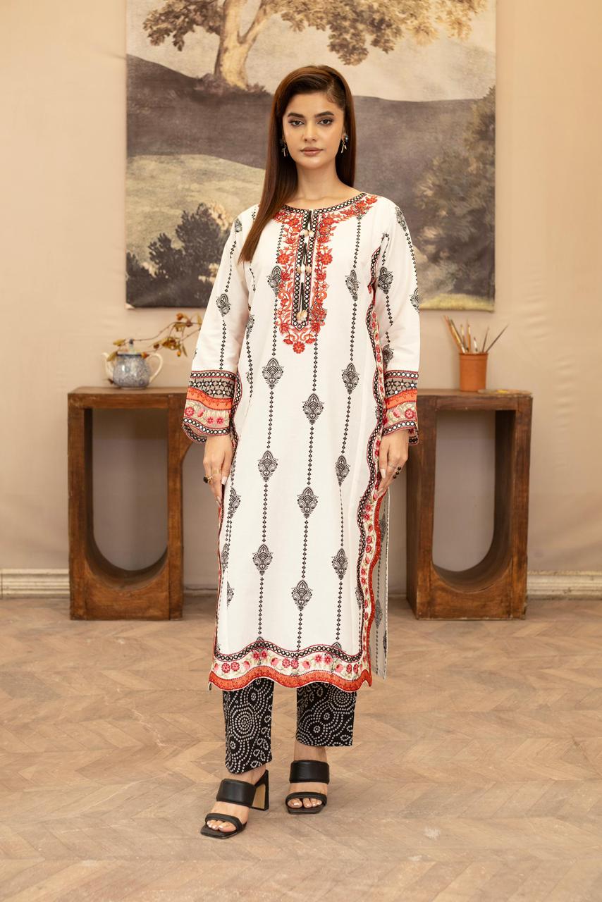 White Khaddar 3Pc Suit with Embroidered Neckline, Loose Fit Trouser & Printed Dupatta - Silk Rang
