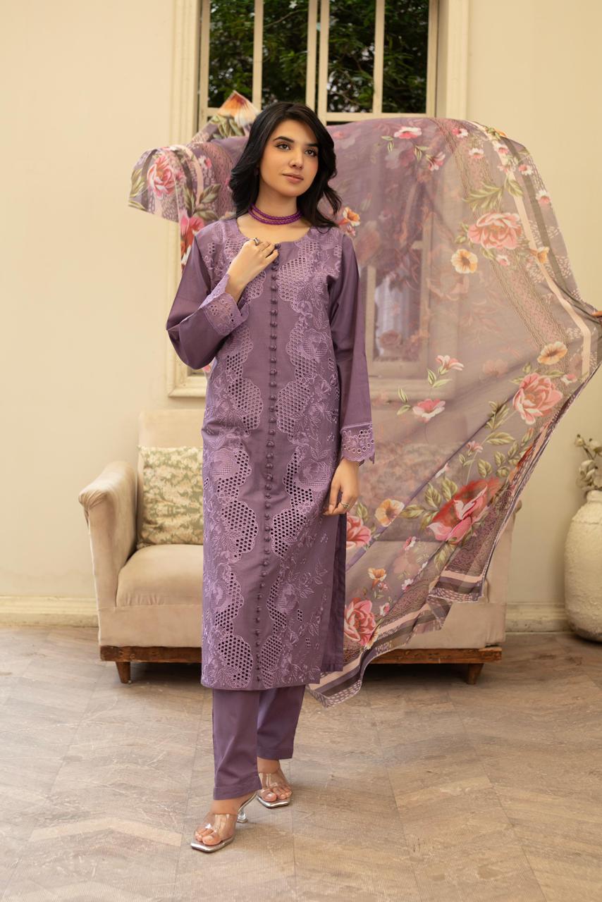 Purple Khaddar Embroidered 3Pc Suit with Chickenkari, Loose Fit Trouser & Printed Dupatta - Silk Rang