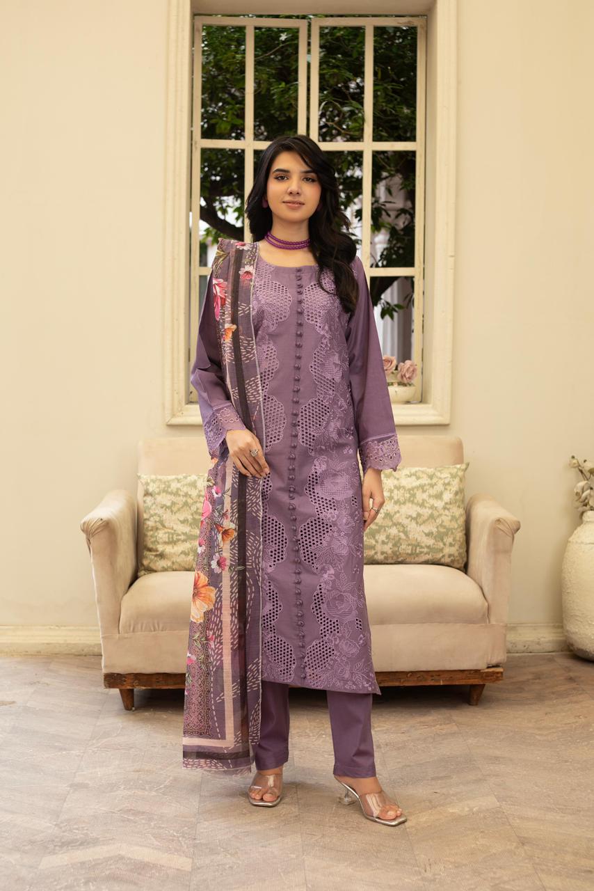 Purple Khaddar Embroidered 3Pc Suit with Chickenkari, Loose Fit Trouser & Printed Dupatta - Silk Rang