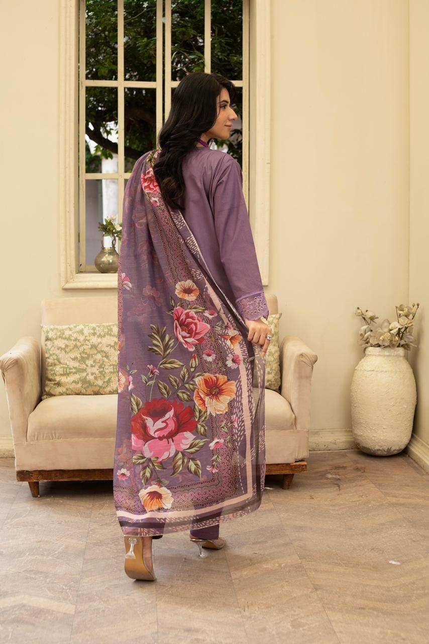 Purple Khaddar Embroidered 3Pc Suit with Chickenkari, Loose Fit Trouser & Printed Dupatta - Silk Rang