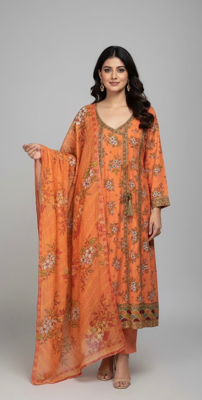 Bright Orange Embroidered Lawn 3Pc Frock Suit with Printed Dupatta & Loose Fit Trouser - Silk Rang